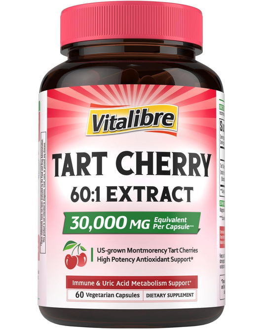 Vitalibre cápsulas de cereza ácida en botella, con antioxidantes para el bienestar diario.