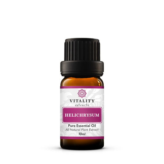 Vitality Extracts Helichrysum Aceite Esencial, frasco de 10 ml, aroma terroso y floral para aromaterapia.