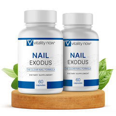 Vitality Now frasco frontal mostrando Nail Exodus y beneficios de suplemento