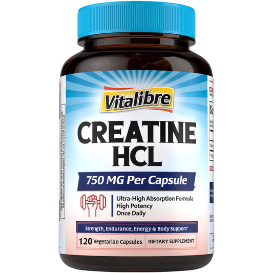 Vitalibre Creatina HCl cápsulas de 750 mg para absorción rápida durante el entrenamiento.