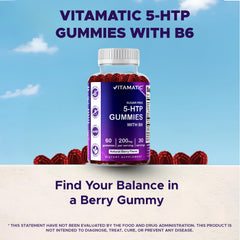 Frasco de vidrio con Vitamatic 5-HTP gomitas, fácil almacenamiento diario.