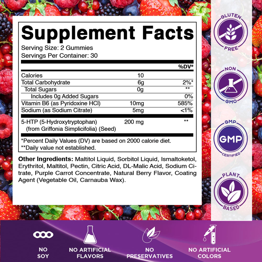 Gomitas coloridas Vitamatic 5-HTP, sabor a baya, uso diario posible.