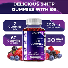 Gomitas veganas Vitamatic 5-HTP, sin OGM y sin gluten.