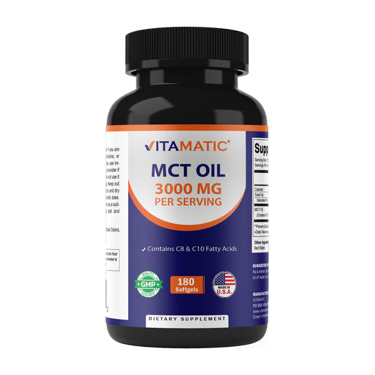 Vitamatic MCT Oil: botella azul con cápsulas, energía rápida para cetosis