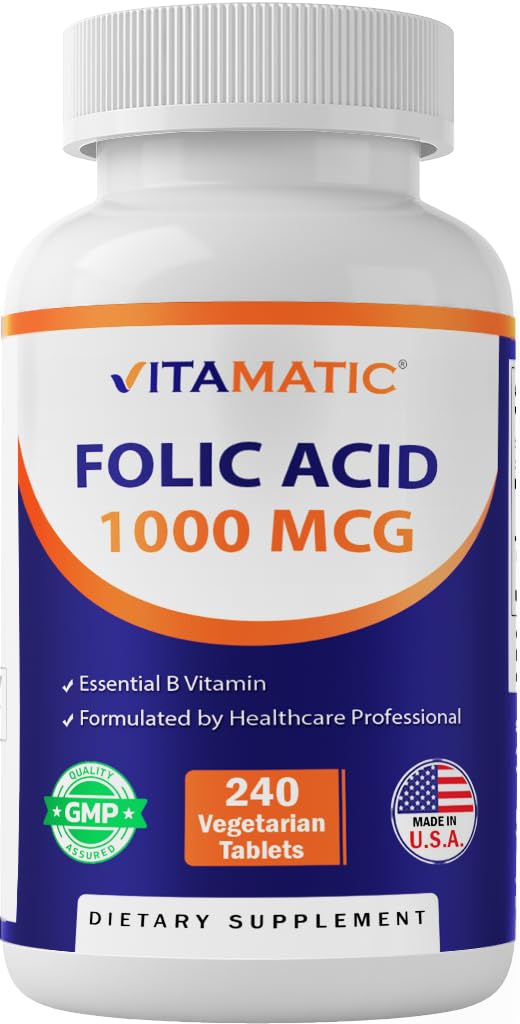 Vitamatic ácido fólico 1000 mcg — botella visible, suplemento vegetariano para uso diario.
