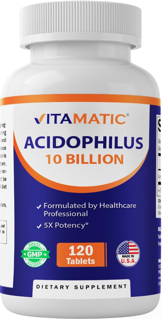 Vitamatic Acidophilus Probiotic en botella favorece equilibrio digestivo diario.