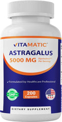 Vitamatic Astrágalo: botella de cápsulas, visualización clara para uso diario y beneficios posibles