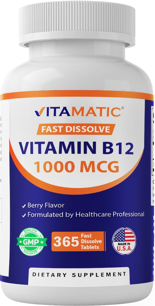 Vitamatic B12 disolución rápida en frasco para uso diario, fácil de tomar.