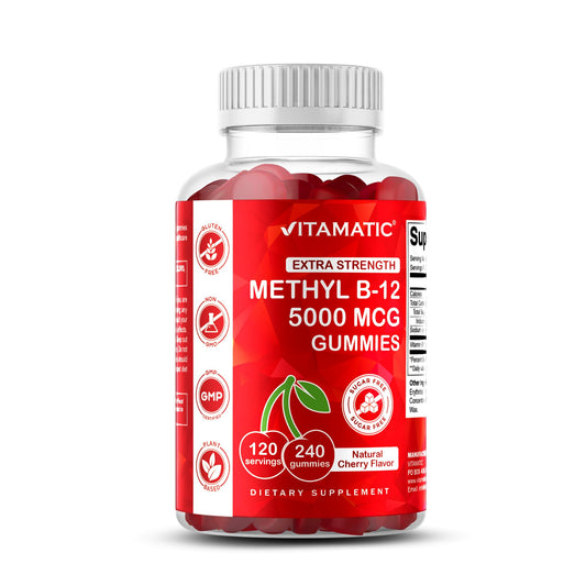 Gomitas Vitamatic B12 con etiqueta frontal, uso diario sencillo.