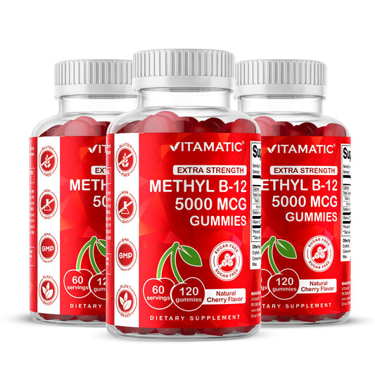 Vitamatic B12 gominolas, frente del envase, apoyo potencial a la energía diaria