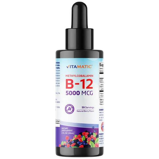 Vitamatic B12 líquido 5000 mcg con sabor frambuesa natural para energía diaria.