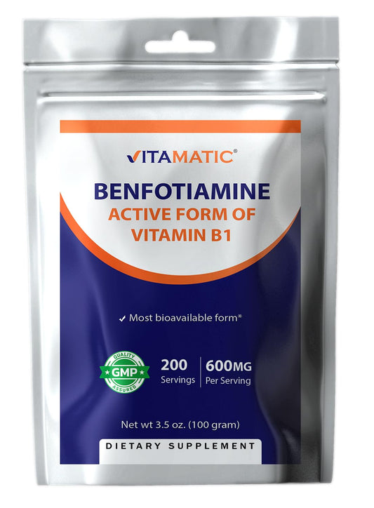 Vitamatic Benfotiamine en polvo: envase de 100 g para uso diario.