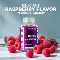 Vitamatic Biotin Gummies dosis diaria de 10 mg para bienestar diario.