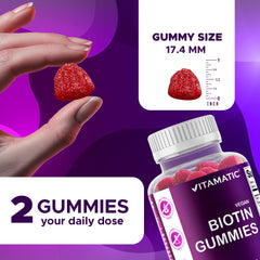 Vitamatic Biotin Gummies ingredientes clave y sin alérgenos comunes.