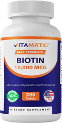 Vitamatic Biotina 10000mcg en botella vegana para uso diario.