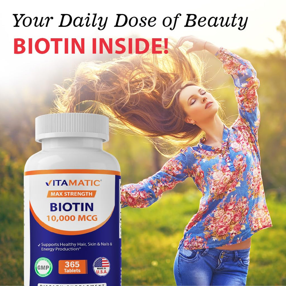 Vitamatic Biotina 10000mcg tabletas para cabello y uñas más fuertes.