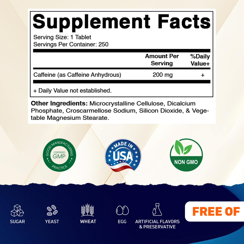 Vitamatic cafeína en botella 250 tabletas, suministro diario confiable.