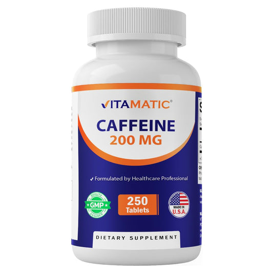 Vitamatic cafeína tabletas 200 mg, energía sostenida para la mañana.