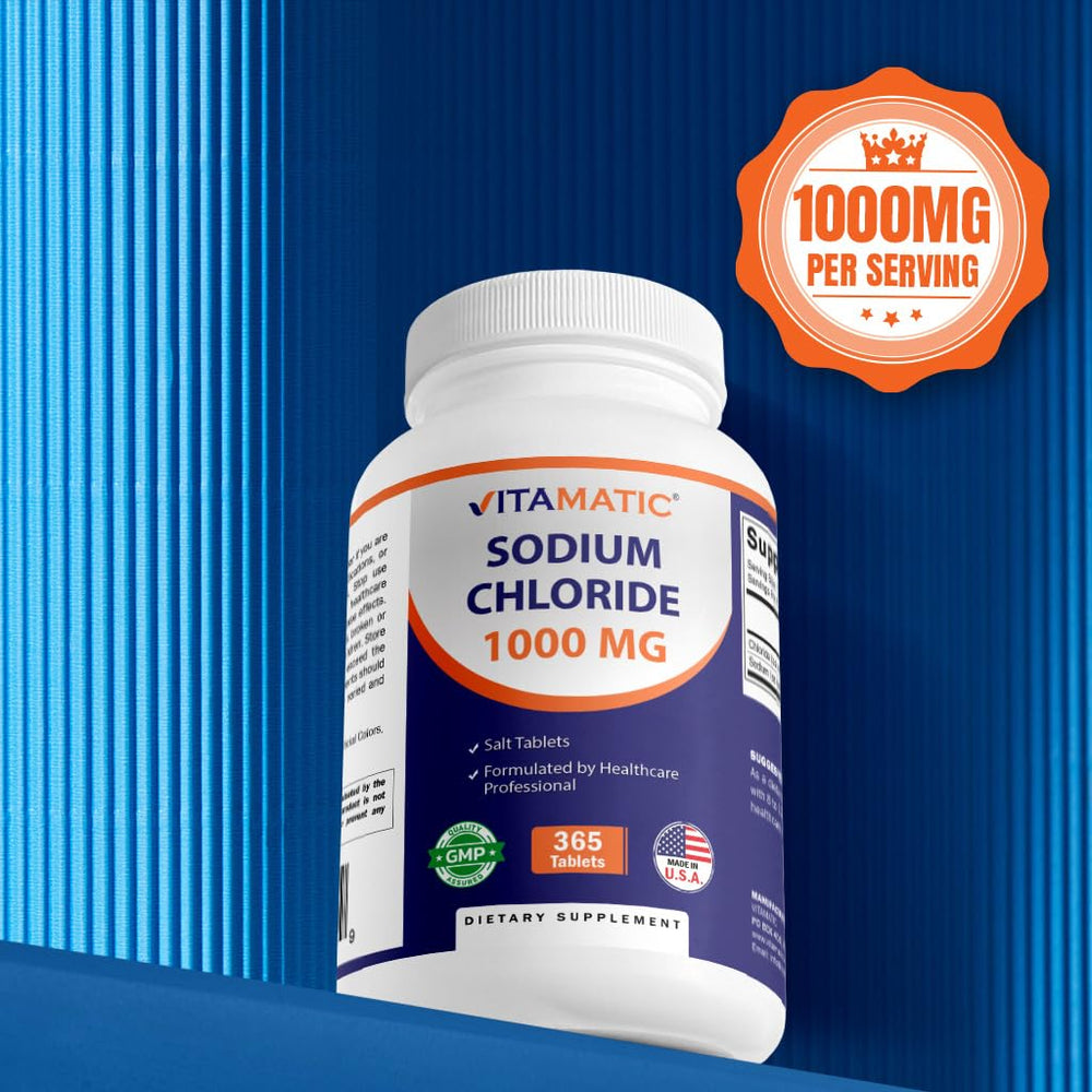 Vitamatic cloruro de sodio 1000 mg, detalle de la etiqueta y calidad GMP.