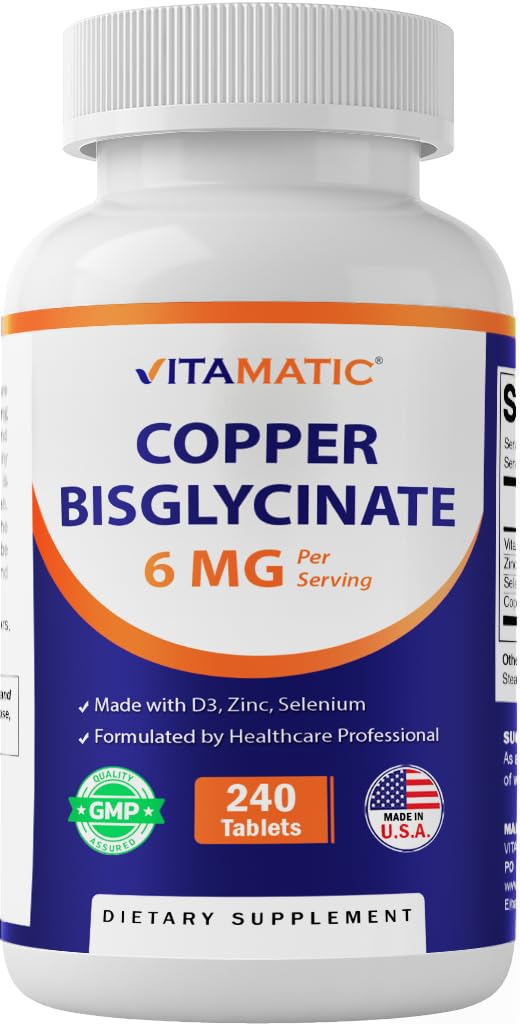 Vitamatic cobre bisglicinato 6 mg, tableta para soporte inmunológico diario.