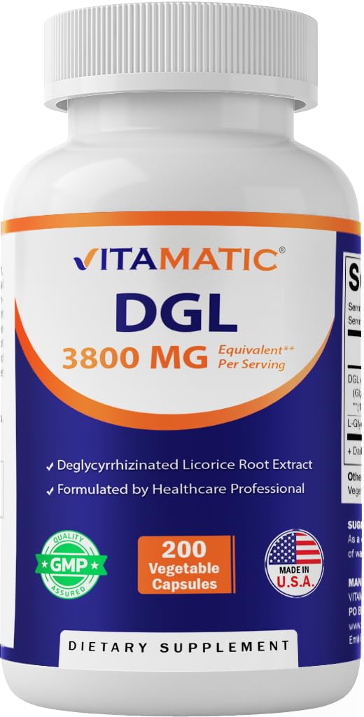 Vitamatic DGL Regaliz, empaque de caja para apoyo digestivo y respiratorio.