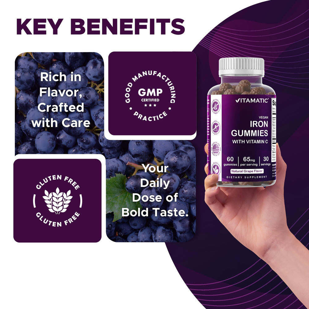 Vitamatic etiqueta de ingredientes destacando hierro 65 mg y vitamina C 100 mg por porción