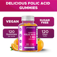 Vitamatic Folic Acid Gummies ingredients panel highlights folic acid source.