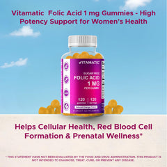 Vitamatic Folic Acid Gummies non-GMO badge signals pure ingredients.