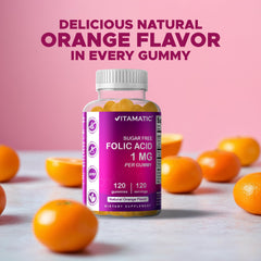Vitamatic Folic Acid Gummies orange color background suggests bright flavor.