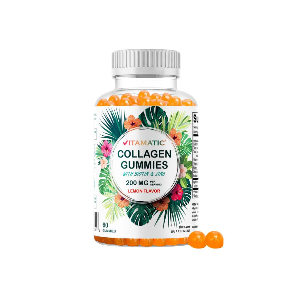 Vitamatic frasco frontal mostrando 60 gomitas con información clara
