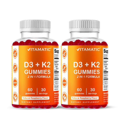 Vitamatic gominolas D3/K2 sabor frambuesa, apoyo diario para huesos.