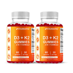 Vitamatic gominolas D3/K2 sabor frambuesa, apoyo diario para huesos.