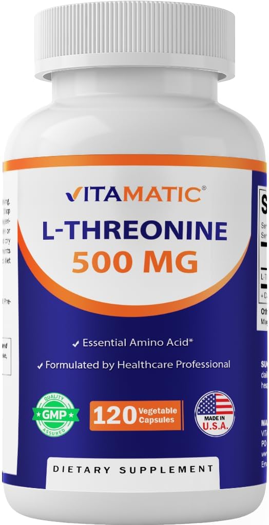 Vitamatic L-Threonine 500 mg, botella para uso diario y soporte general del cuerpo
