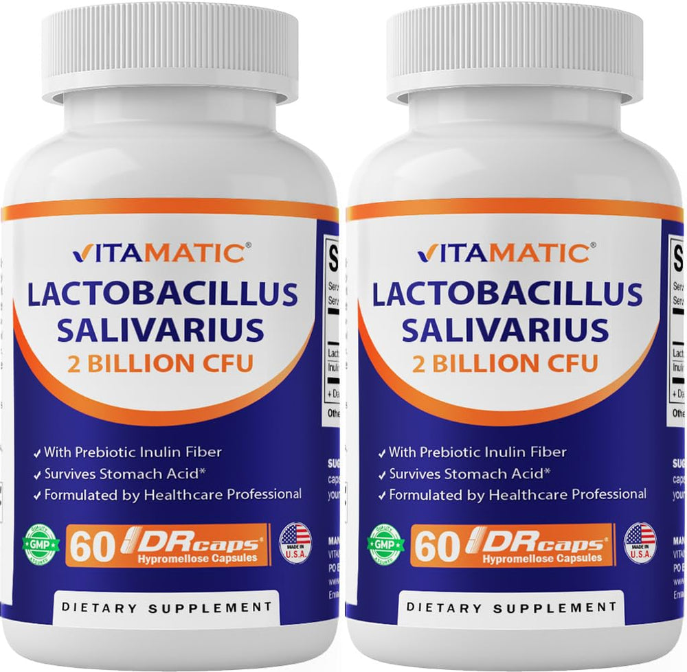 Vitamatic Lactobacillus Salivarius, botella de 60 cápsulas para apoyo digestivo diario.
