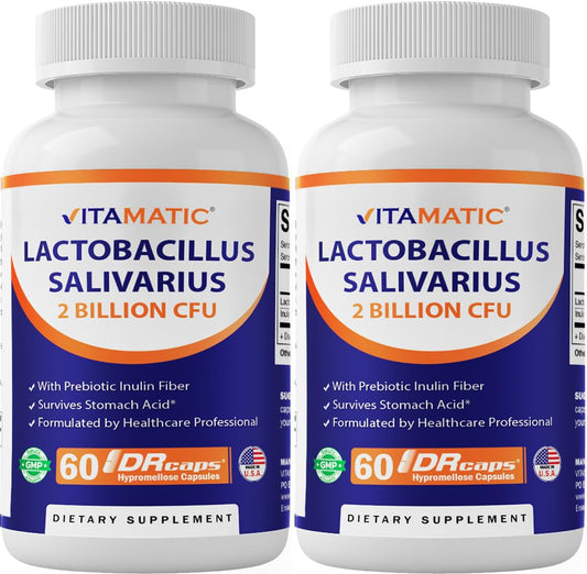 Vitamatic Lactobacillus Salivarius, botella de 60 cápsulas para apoyo digestivo diario.
