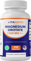 Vitamatic Magnesio Orotato: botella con cápsulas, apoyo potencial al músculo.