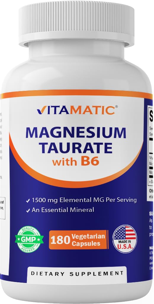 Vitamatic Magnesium Taurate 1500mg bottle front highlighting high potency for daily use.