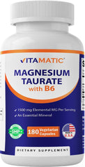 Vitamatic Magnesium Taurate 1500mg bottle front highlighting high potency for daily use.