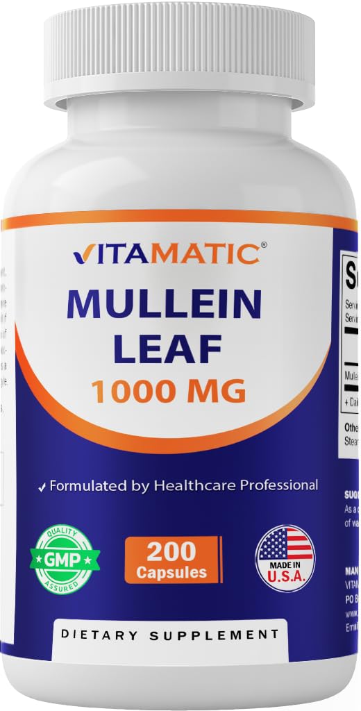 Vitamatic Mullein Leaf 1000mg cápsulas, soporte respiratorio diario y fácil de tomar