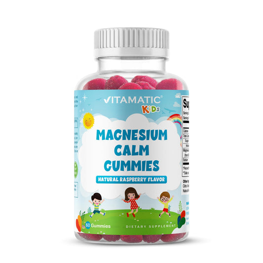 Vitamatic Kids Magnesio Calma gominolas en envase, sabor frambuesa para una experiencia agradable.