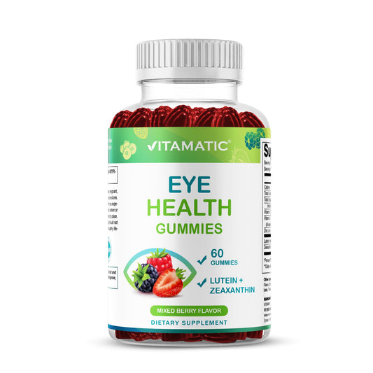 Vitamatic gominolas para ojos, botella visible, apoyo diario a la salud ocular.