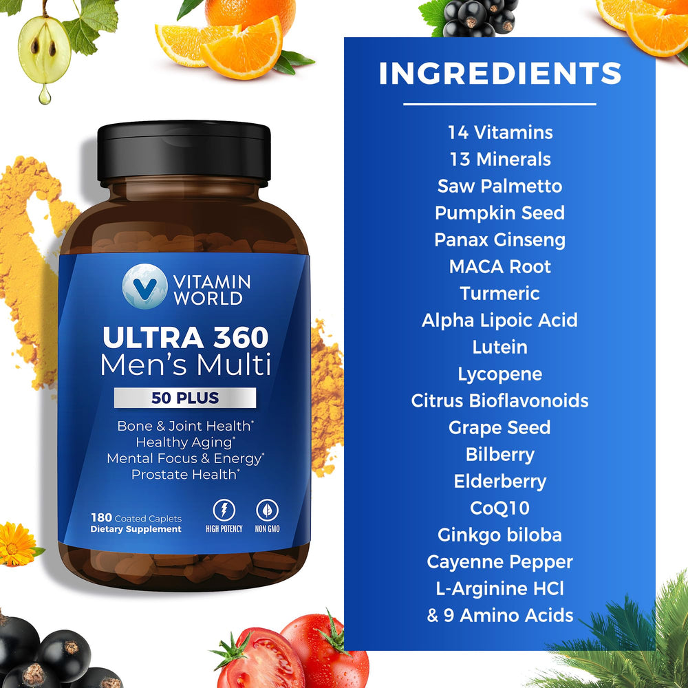 Vitamin World etiqueta con lista de nutrientes clave y soporte de salud masculina