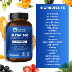 Vitamin World etiqueta con lista de nutrientes clave y soporte de salud masculina