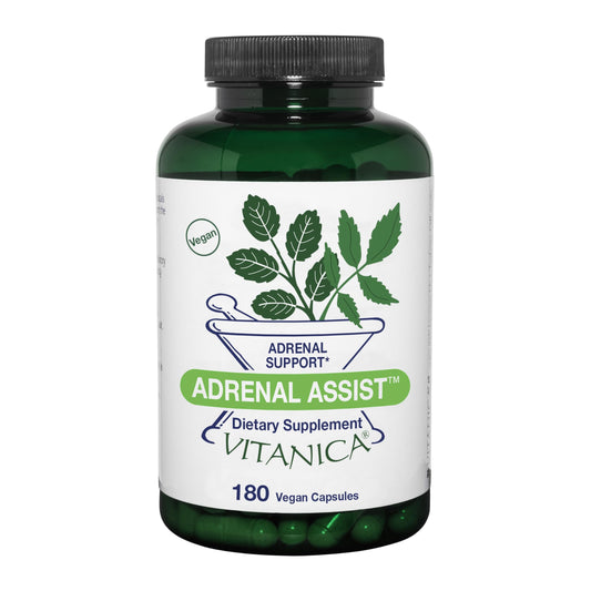 Vitanica Adrenal Assist bottle shows vegan adrenal support formula.