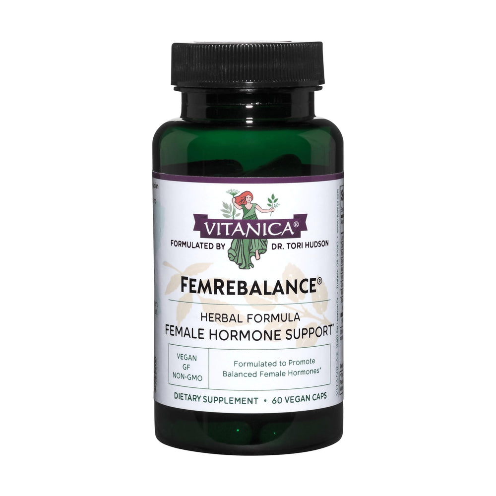 Vitanica FemRebalance: botella de cápsulas para apoyo al equilibrio hormonal femenino.