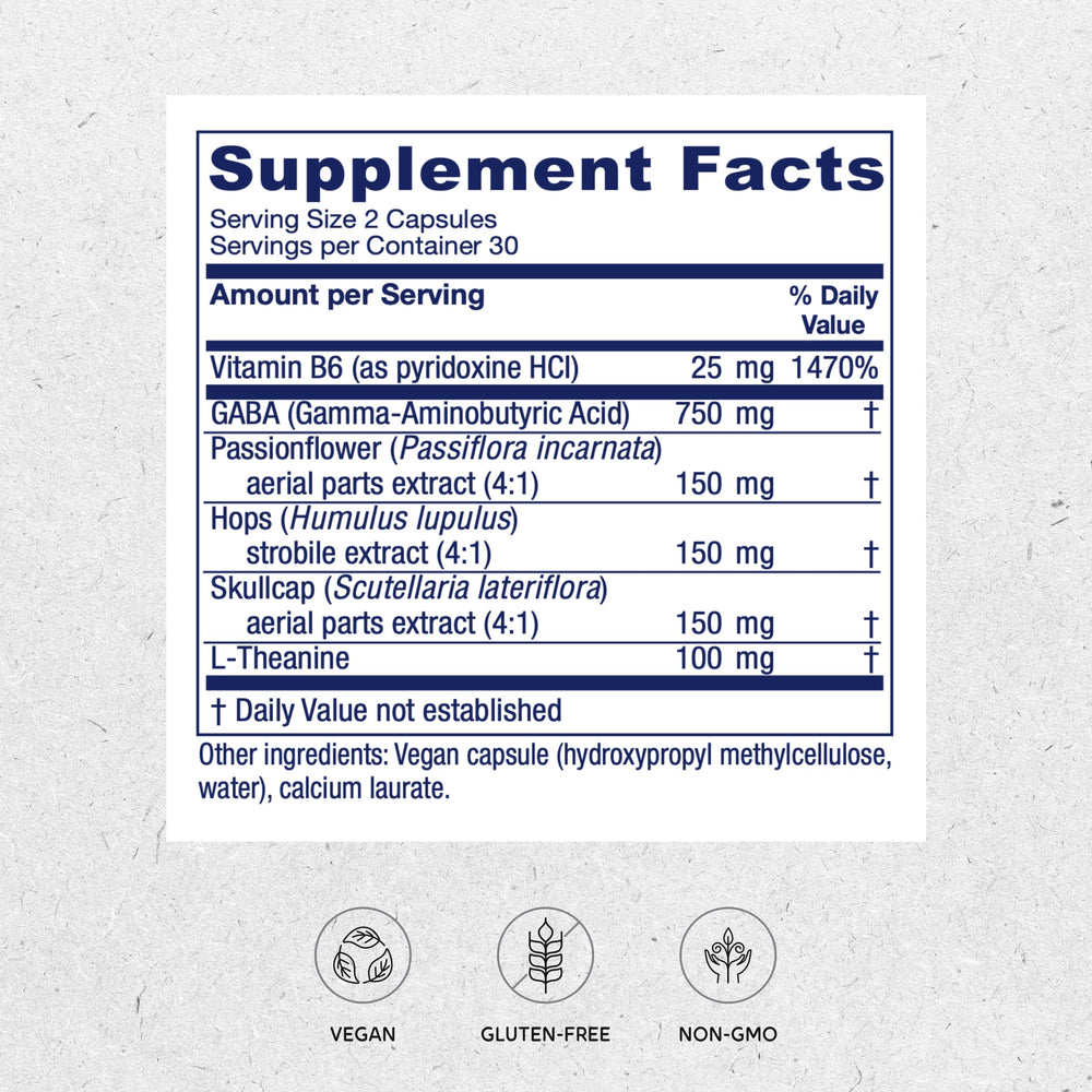 Vitanica GABA Ease, etiqueta clara, facilita identificar ingredientes calmantes.