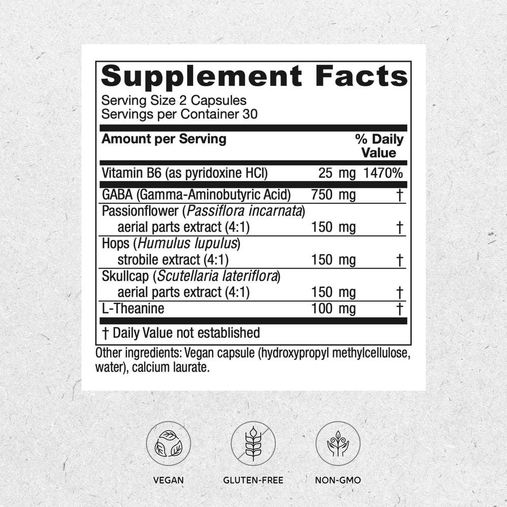 Etiqueta de Vitanica GABA Ease con ingredientes clave para la relajación.