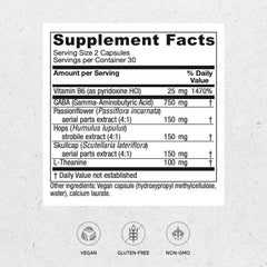 Etiqueta de Vitanica GABA Ease con ingredientes clave para la relajación.