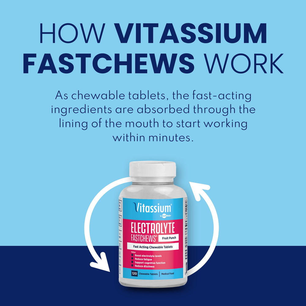 Primer plano de tabletas Vitassium FastChews que muestra textura masticable y color fruit punch, fácil consumo