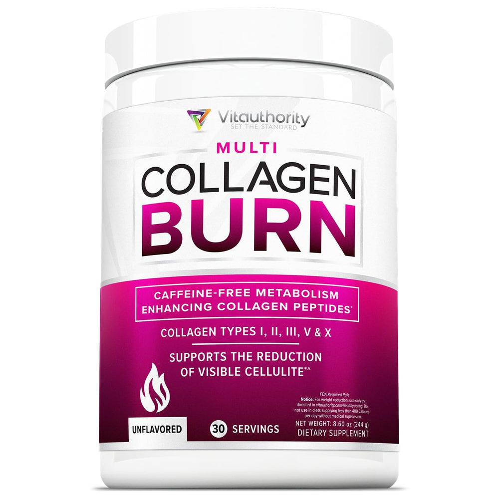 Vitauthority Collagen Burn, bote de polvo para piel radiante y cabello saludable.